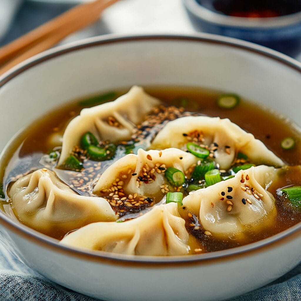 Easy Gyoza Soup with dumplings in rich broth.