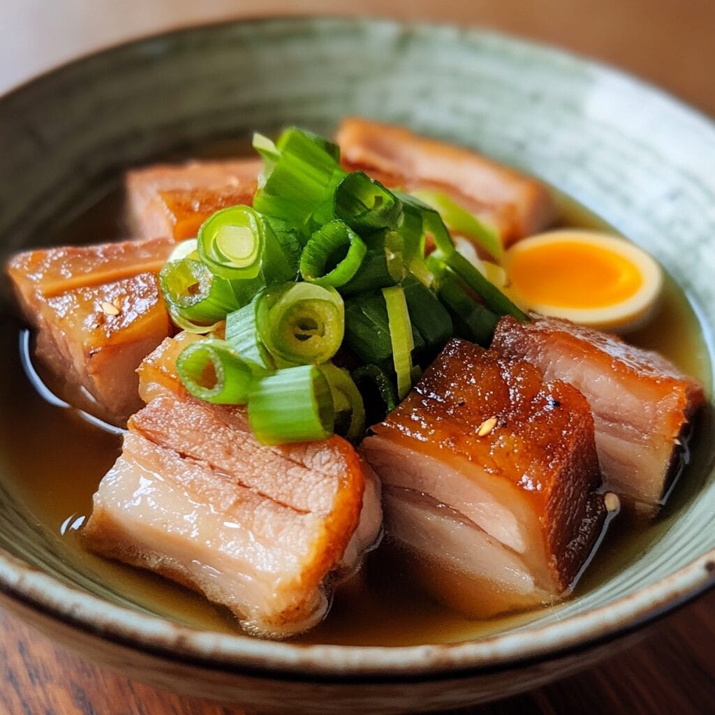Shio Kakuni Pork Belly served in a bowl with scallions and mustard.
