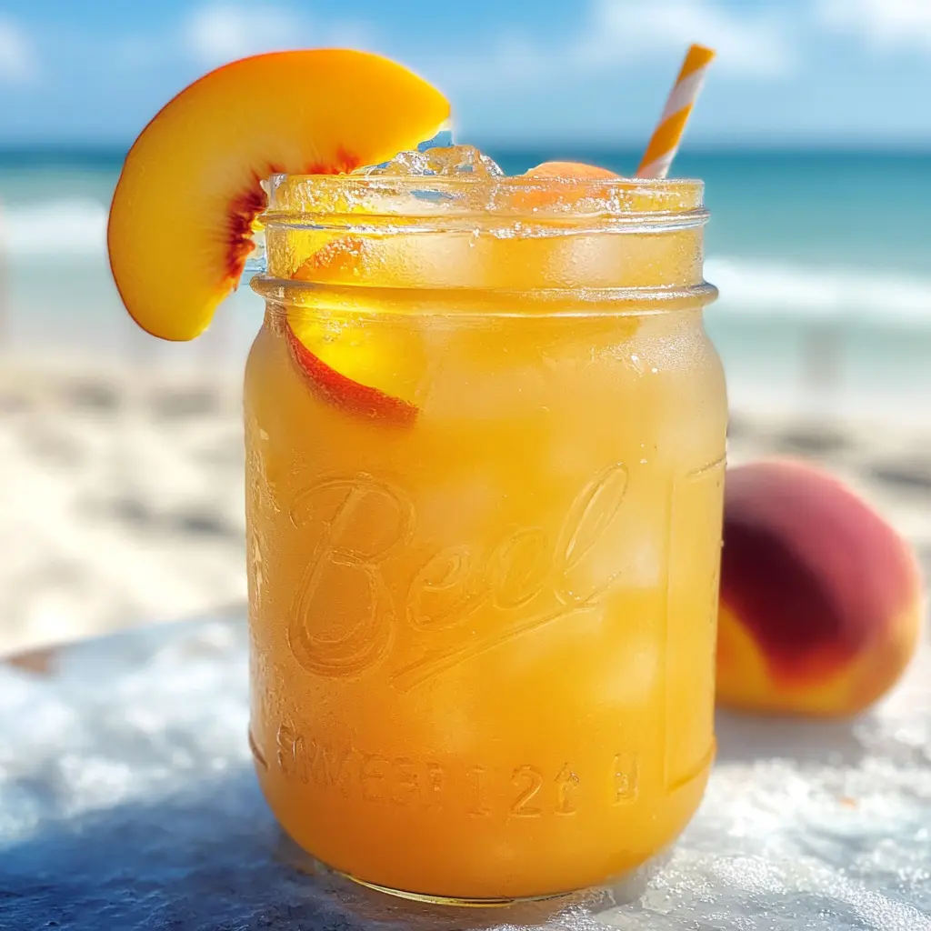 Beach Peach Lemonada Cocktail in mason jar on summer beach
