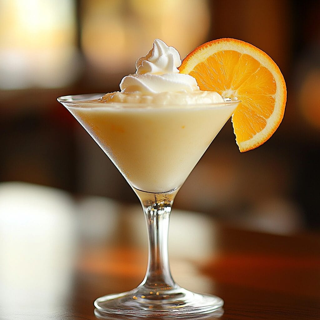orange creamsicle martini cocktail with whipped cream and citrus