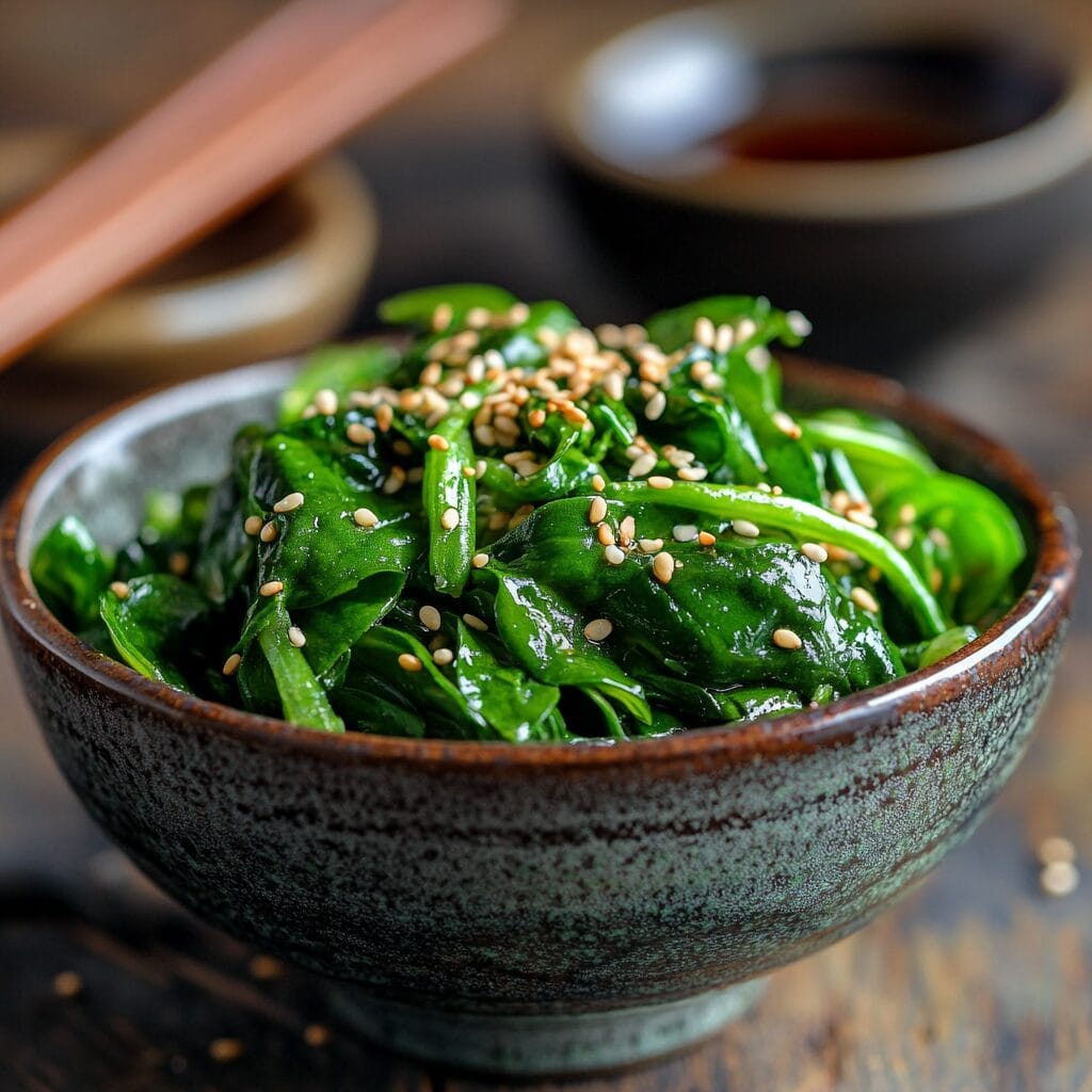 Close-up of Spinach Goma Ae, a Japanese spinach salad with sesame dressing.