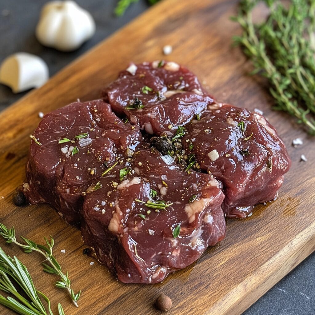 Fresh raw beef cheek meat on a wooden board