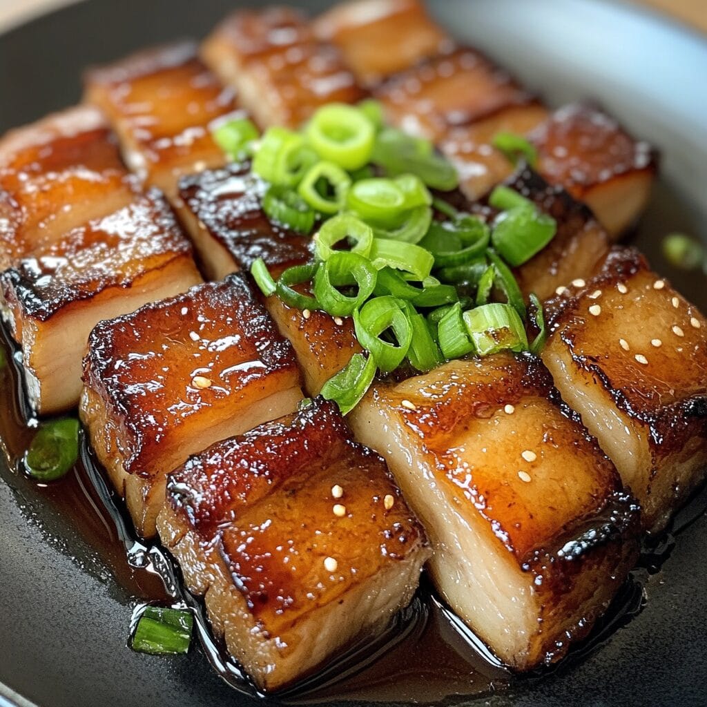 Japanese chashu pork belly on ramen with soy glaze and green onions