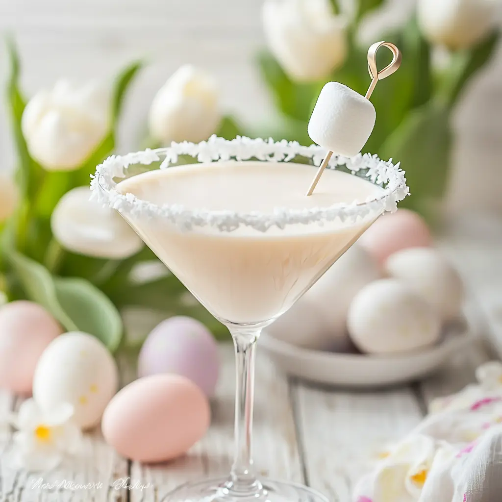 Cottontail martini in a pastel setting with coconut rim and marshmallow garnish – perfect Easter cocktail